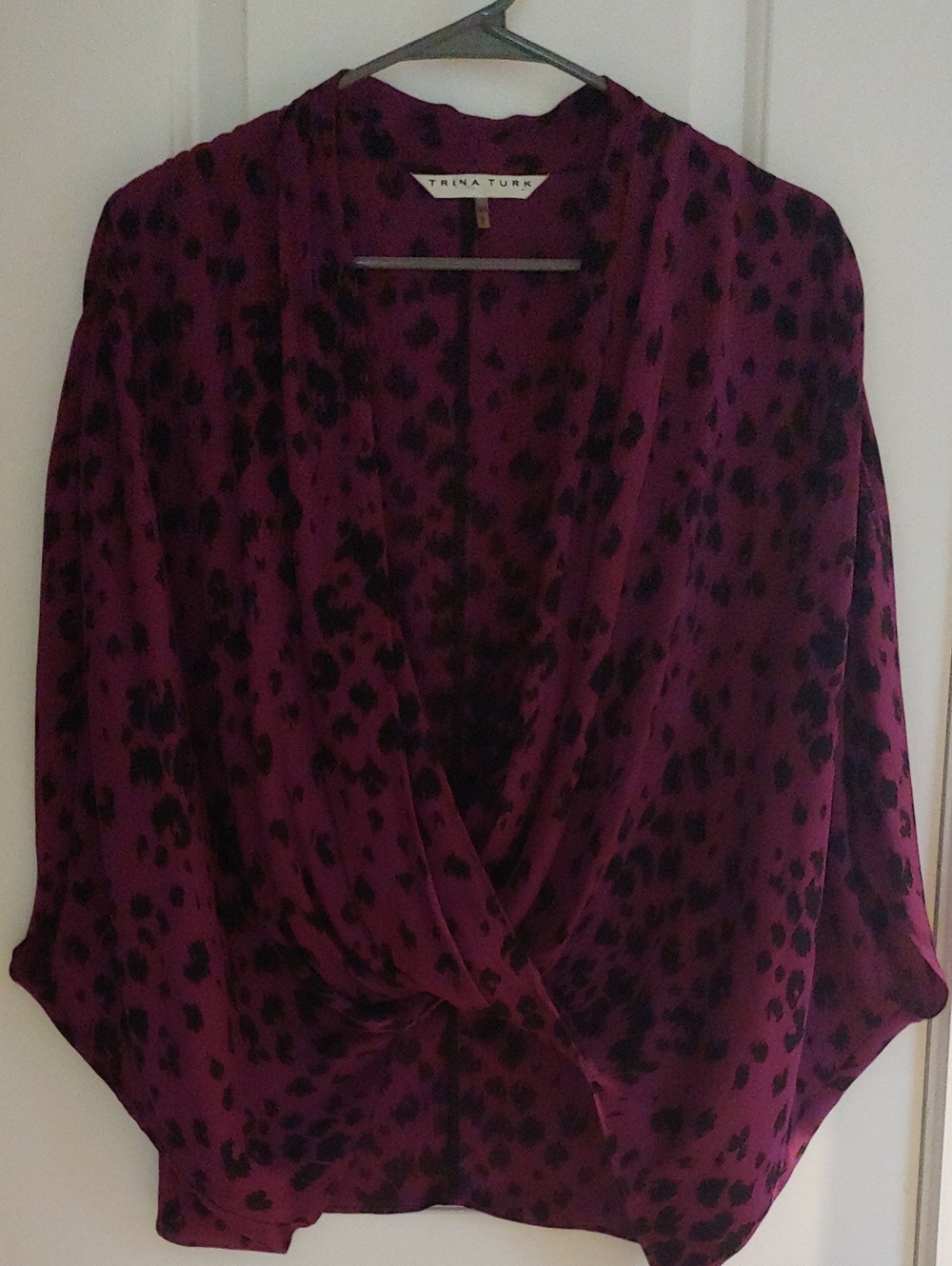 Trina Turk Plum Purple and Black Animal-Print Wrap Blouse